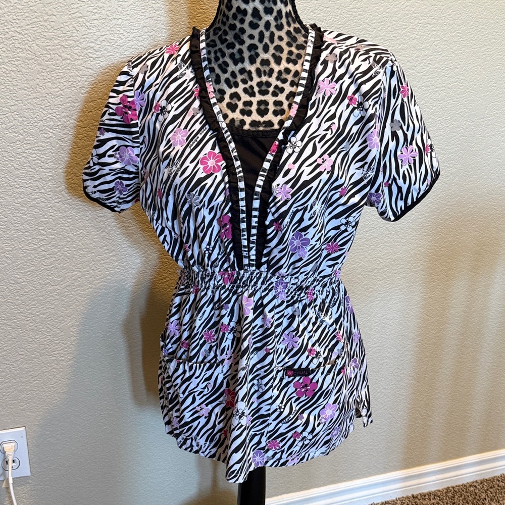 Women's Zebra Print Scrub Top with Pink and Purple Accents